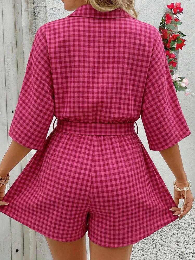SHEIN LUNE Bộ áo liền quần kẻ caro dáng rộng thoải mái cho mùa hè - Nhiều màu - Xem 2
