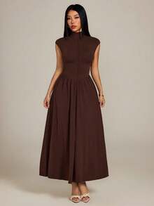 SHEIN PETITE Đầm dài dệt kim cổ cao màu nâu cho nữ, thích hợp cho Ngày Valentine, Đám cưới, Đầm thanh lịch, Đầm trắng, Đầm dự tiệc cưới cho nữ, Trang phục xuân/hè, Trang phục dự tiệc trà cho nữ, Ngày lễ, Sinh nhật - màu nâu - Xem 1