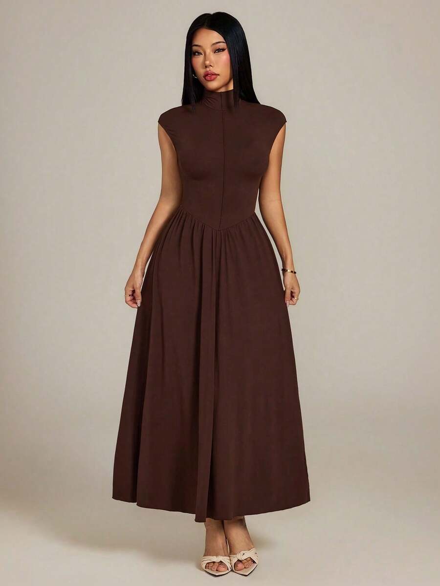SHEIN PETITE Đầm dài dệt kim cổ cao màu nâu cho nữ, thích hợp cho Ngày Valentine, Đám cưới, Đầm thanh lịch, Đầm trắng, Đầm dự tiệc cưới cho nữ, Trang phục xuân/hè, Trang phục dự tiệc trà cho nữ, Ngày lễ, Sinh nhật - màu nâu - Xem 1