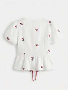 lacRébo White Floral Loose Fit Floral Embroidered Blouse With Peplum Shape, Bow Tie Details Cute Summer Top Casual Holiday Top French Style Top - White - View 7