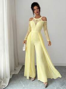 Modelyn Lace Patchwork Long Sleeve Off-Shoulder Sequin Elegant Jumpsuit For Women Party Pale Yellow Summer - Yellow - View 2