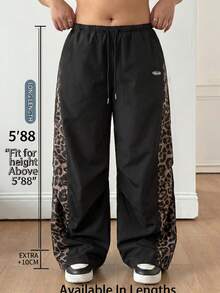 SHEIN Tall CURVE Quần nữ cỡ lớn họa tiết da báo, cạp chun có dây rút và túi, kiểu dáng thường ngày. - màu đen - Xem 4
