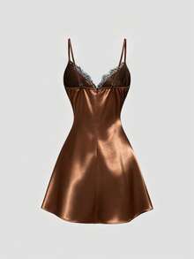 Sweetra Đầm dự tiệc sang trọng bằng satin dành cho nữ, màu nâu, dây mảnh, phối ren đen, dáng xòe. - màu nâu - Xem 2