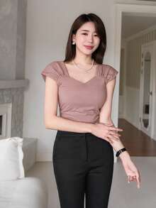 Wynsel Solid Color Short Sleeve T-Shirt With Heart-Shaped Collar And Pleats Summer,Ruffle - Dusty Purple - View 5