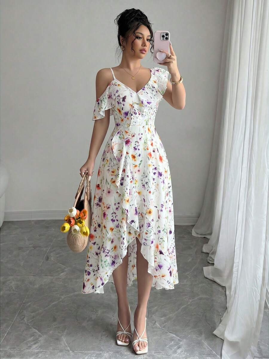 Elenzga Women's Asymmetric Ruffle Hem Floral Print Vacation Dress - Multicolor - View 1
