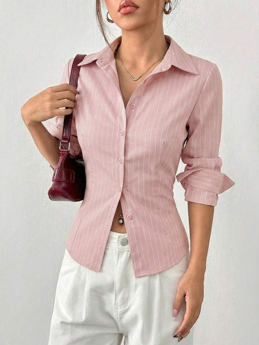 SHEIN EZwear 淡粉色条纹长袖梭织休闲衬衫,女士衬衫领,莲藕粉色条纹梭织前襟纽扣衬衫,女士衬衫,女士纽扣衬衫,女士衬衫,优雅女士衬衫,优雅纽扣衬衫,商务休闲女士衬衫,女士衬衫,优雅 - 藕粉色 - 查看 1