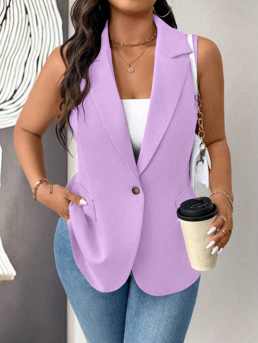 EMERY ROSE Blazer Tanpa Lengan Minimalis Kasual Tipis untuk Wanita Ukuran Plus - Purple - View 1