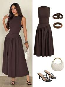 SHEIN PETITE Đầm không tay màu trơn thanh lịch dành cho nữ, thích hợp cho mùa hè. - màu nâu - Xem 6