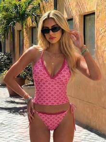Costavie Bộ bikini nữ 2 mảnh màu hồng cánh sen họa tiết hoa, dây mảnh, cổ chữ V sâu, viền ren, xẻ cao, dành cho mùa xuân/hè 2026. Bộ đồ bơi tankini màu hồng, đồ bơi họa tiết màu hồng, đồ bơi màu hồng. - Hồng - Xem 2