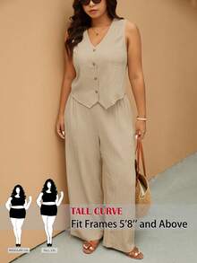 SHEIN Tall CURVE 大码纯色V领纽扣前开襟背心和阔腿裤休闲两件套 - 杏色 - 查看 1