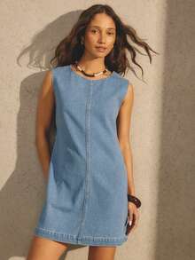 Aralina Đầm ngắn denim mùa hè cho nữ, dáng xòe, cổ tròn, không tay, có chi tiết thắt eo phía sau, dễ thương, thanh lịch, thích hợp cho đi biển, nghỉ lễ, du lịch hoặc các sự kiện khác. - Rửa nhẹ - Xem 6
