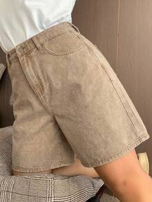 Dazy Plus Celana Pendek Denim Bermuda Model Lebar dengan Bordir Pita Warna Biru Tua dan Kantong Belakang, Musim Semi/Panas - Unta - View 2