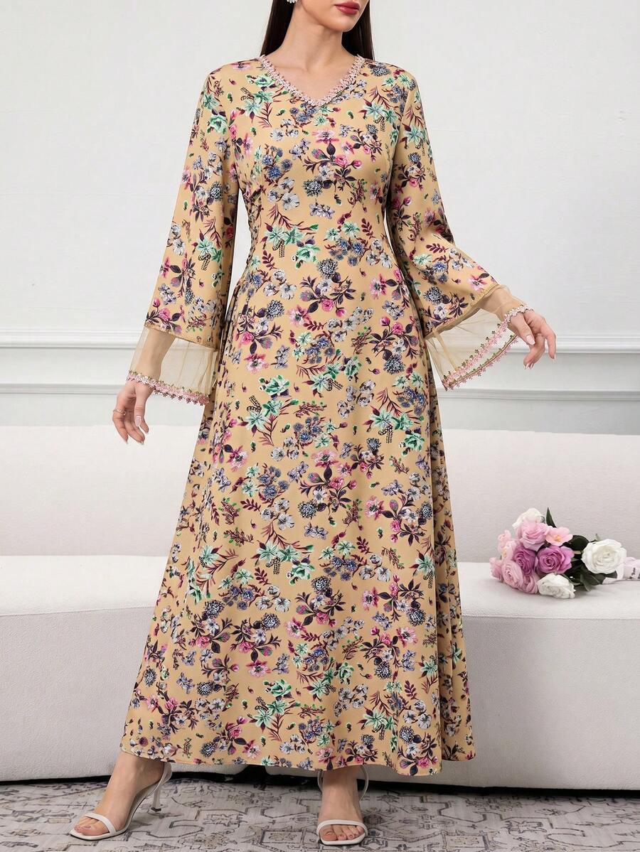 Al Najma Đầm nữ thanh lịch in hoa, cổ chữ V, phối lưới, tay loe. - Màu vàng - Xem 1