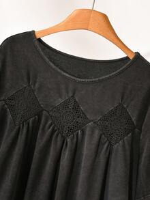 CosyJoli Plus Size Women's Black T-Shirt, Washed Short Sleeve Top, Casual Boho Clothing, Outerwear, Cute Summer Ruffle Hem Women Wear For Vacation Date Night - Black - View 6