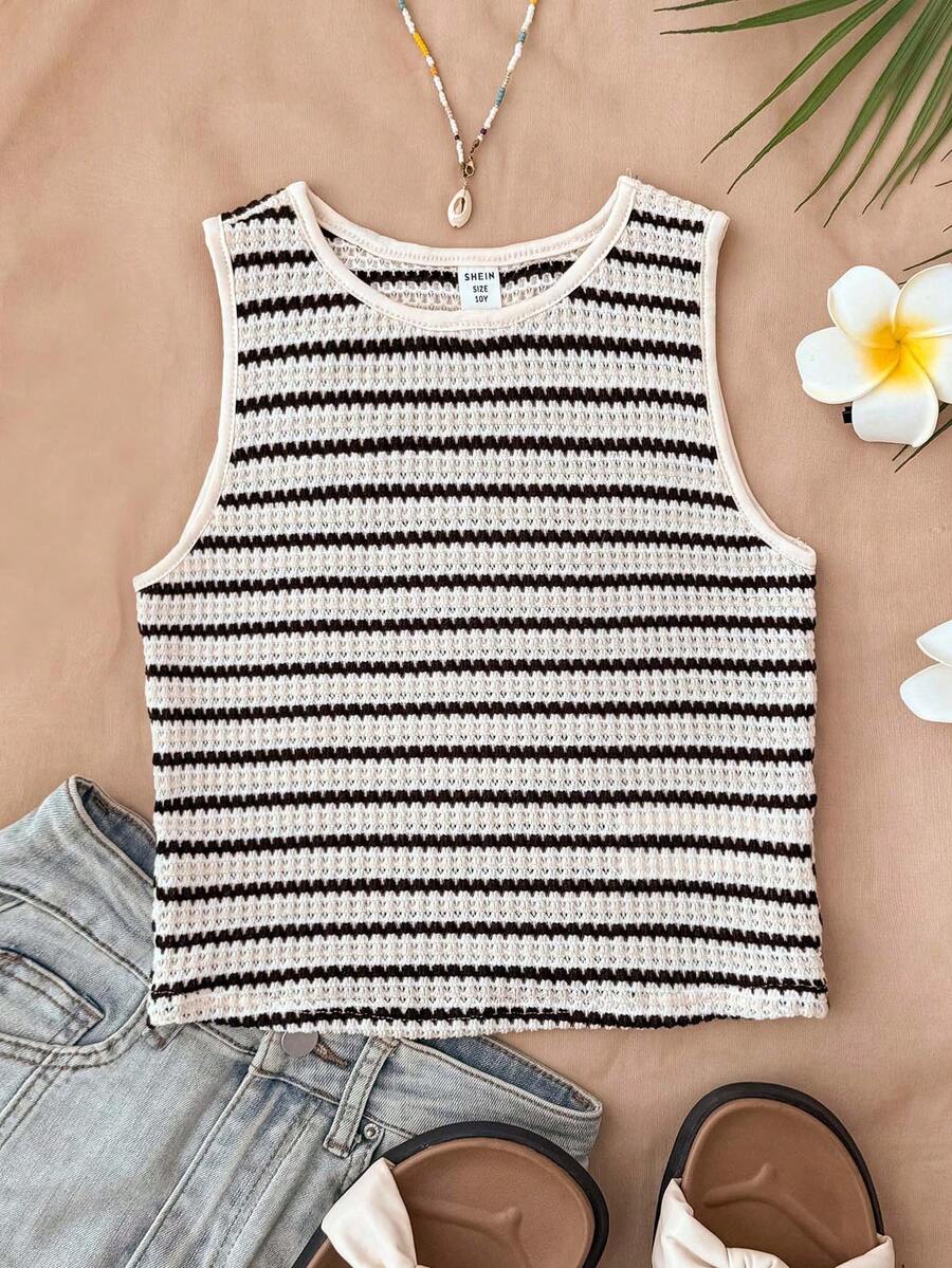 Tops sin mangas de cuello redondo holgados, casuales y cómodos con rayas para niñas preadolescentes, versátiles para el verano, ir y venir, vacaciones en la playa y ropa de estar en casa - Multicolor - Ver 1