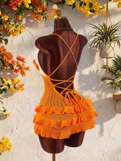 Amplova Women's Knitted Halter Neck Dress, Sexy And Avant-Garde, Suitable For Vacation, Criss-Cross Backless Design, Floral Color Blocking Mini Dress