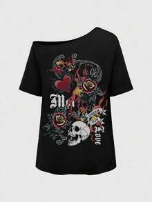 ROMWE Grunge Punk Áo thun mùa hè dáng rộng, chất liệu lụa sữa, họa tiết đầu lâu lửa, hoa hồng, phong cách punk tối màu, gợi cảm, vai bất đối xứng, màu đen trơn, kiểu dáng cơ bản cổ điển, phù hợp với mọi lứa tuổi. - màu đen - Xem 1