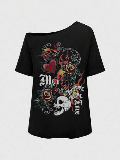ROMWE Grunge Punk Áo thun mùa hè dáng rộng, chất liệu lụa sữa, họa tiết đầu lâu lửa, hoa hồng, phong cách punk tối màu, gợi cảm, vai bất đối xứng, màu đen trơn, kiểu dáng cơ bản cổ điển, phù hợp với mọi lứa tuổi.