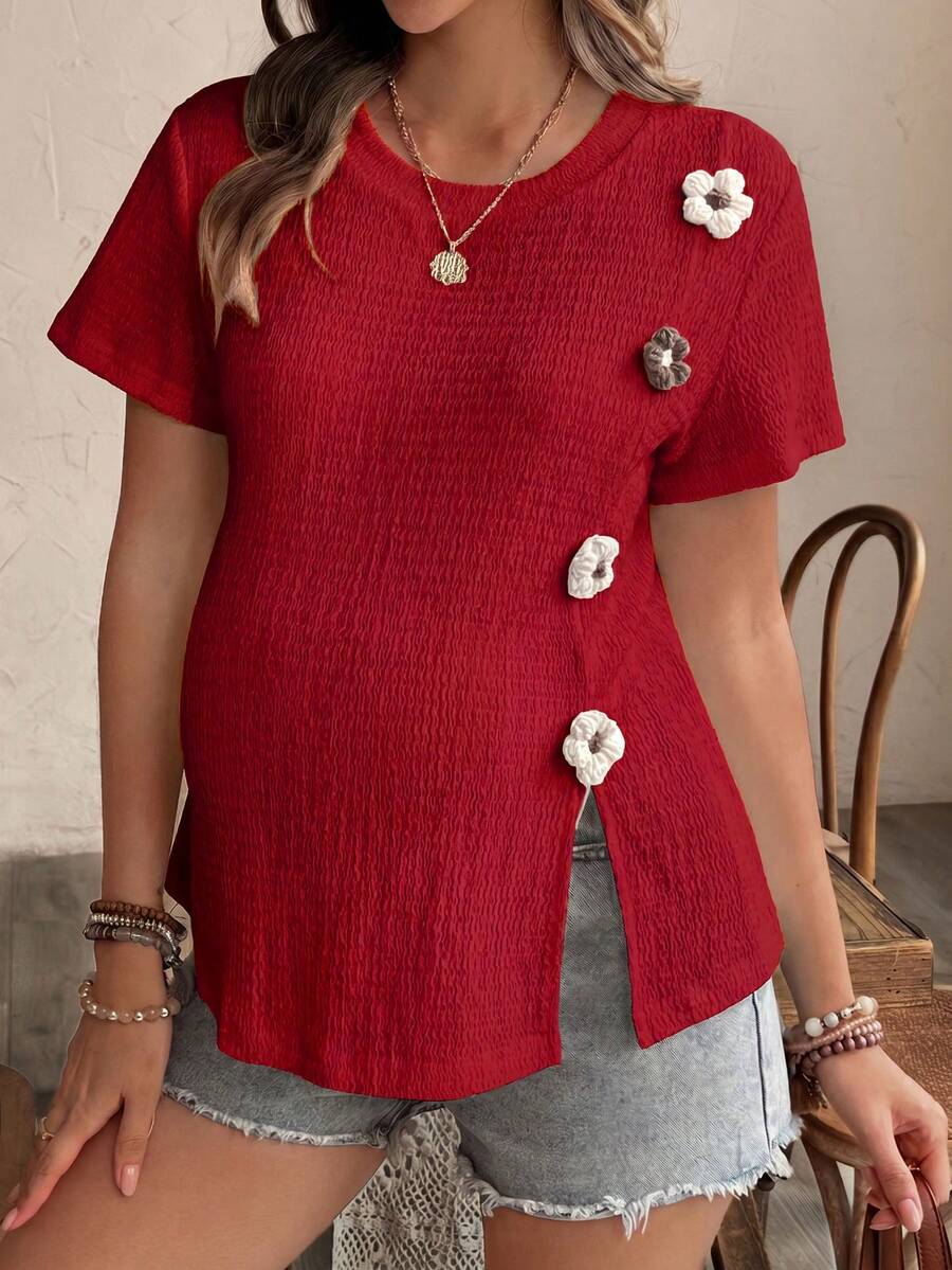 SHEIN Knitted Jacquard Cute Casual Comfortable Floral Decor Short Sleeve Maternity T-Shirt - Red - View 1