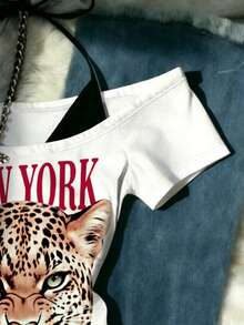 Glimmora Women's Street Fashion Leopard Print Halter Neck T-Shirt - Multicolor - View 3