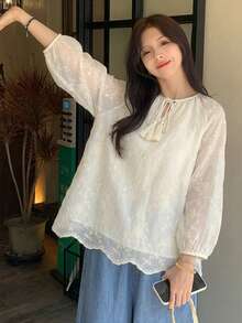 FRIFUL Blusa blanca bordada con cuello de lazo y volantes, estilo Mori Girl para primavera/verano - Beis - Ver 5