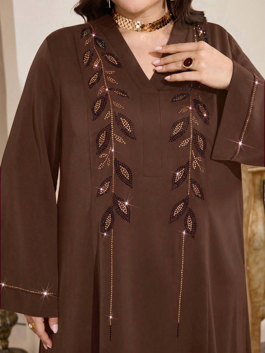 Al Najma 大码女士优雅水钻装饰喇叭袖宽松阿拉伯风格长裙 - 咖啡棕 - 查看 1