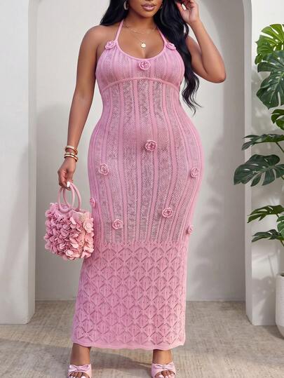 Veslaya Plus Size Women's 3D Floral Decor Sheer Knit Halter Neck Tie Waist Dress, Suitable For Music Festivals, Birthday Parties, Beach, Sunbathing, Island Vacations, Lawn Gatherings, Honeymoons, Garden Weddings
