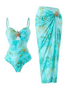 Swim Oasis 2pcs/Set Women's Spring/Summer Random Starfish Print Spaghetti Strap Maxi Skirt High-End One-Piece Swimsuit Set - Multicolor - View 3