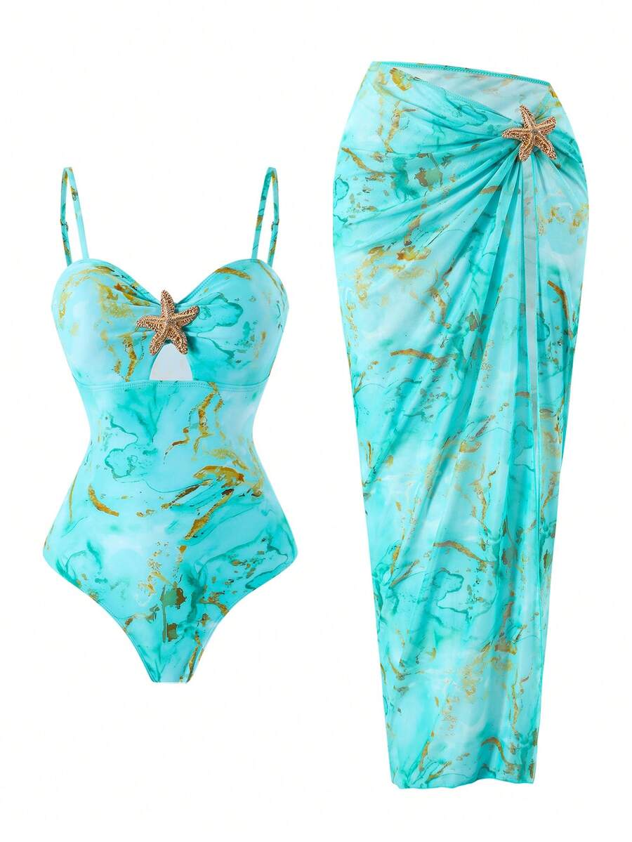 Swim Oasis Set de 2 piezas de traje de baño de una sola pieza de alta gama con estampado de estrellas de mar aleatorio y tirantes finos para mujer, para primavera/verano - Multicolor - Ver 1