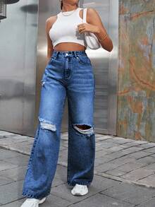 SHEIN ICON 大码女式休闲破洞牛仔裤 - 深色水洗藍 - 查看 5