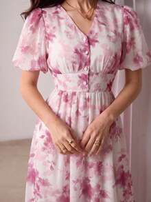 Modelyn V-Neck Petal Sleeve Chiffon Floral Print Front Button Closure White Floral Dress Tea Party Vacation Summer Elegant - Pink - View 5