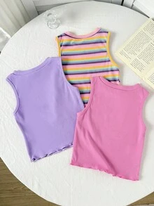 SHEIN 3pcs/Set Girls' Casual Colorful Striped Knit Vest Set - Multicolor - View 2