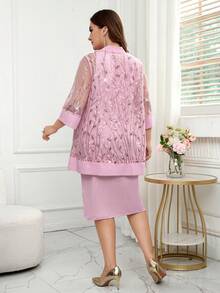 Reflora 2pcs Plus Size Sequin Embroidery Mesh Patchwork Jacket And Dress Set - Pink - View 3