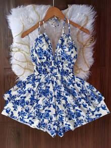 Flirla Plus Size Women Backless Vacation Floral Print Camisole Romper With Double Ruffle Hem - Blue - View 1