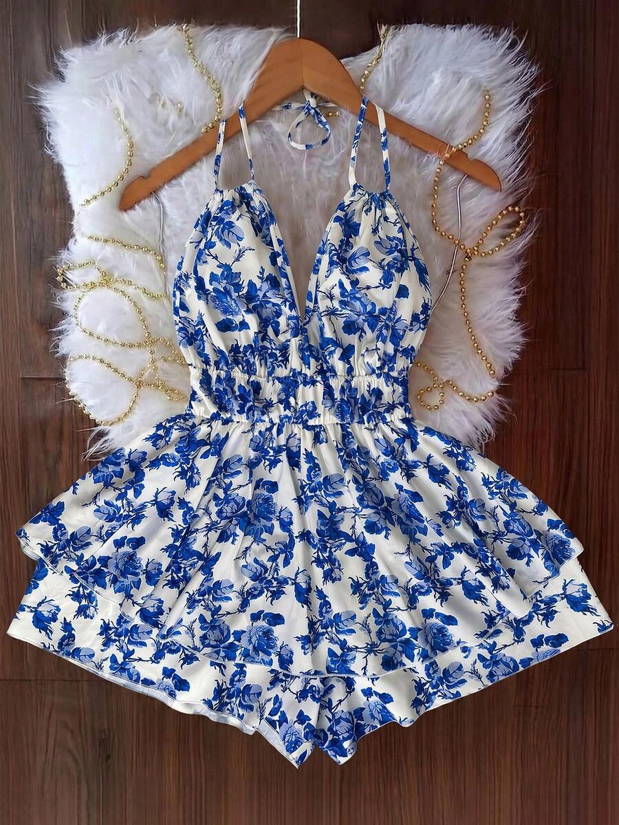 Flirla Plus Size Women Backless Vacation Floral Print Camisole Romper With Double Ruffle Hem - Blue - View 1