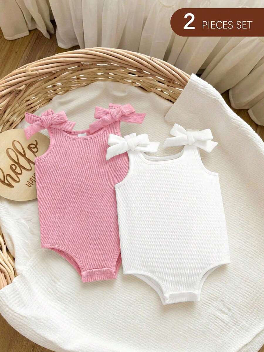 2pcs/Set Cute Summer Solid Color Knitted Romper With Bow For Baby Girl - Coral Pink - View 1
