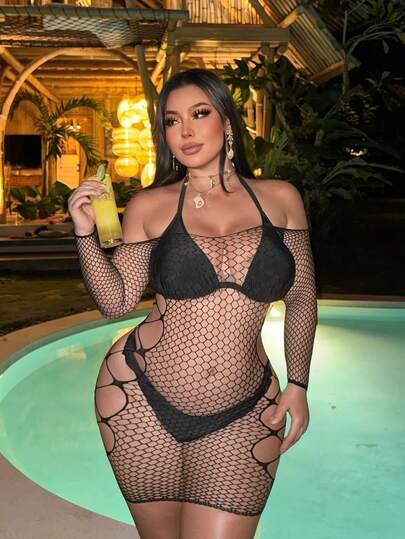 Swim SXY 2026 New Black Sexy & Romantic Long Sleeve Knit Cover Up For Plus Size Women