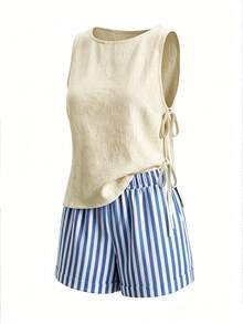 EMERY ROSE Linen-Like Side Tie Fashionable Vacation Beach Casual Crop Top - Apricot - View 3