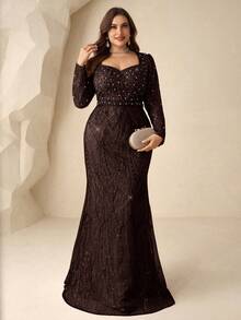 Coutiva Gaun Malam Formal Elegan Musim Dingin Ukuran Besar Warna Cokelat, Leher Persegi, Bordir Mutiara dan Rhinestone, Lengan Panjang, Model Duyung, Gaun Pesta untuk Tamu Pernikahan dan Prom - Coffee Brown - View 4