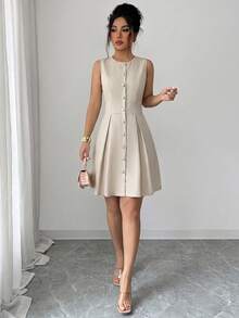 Elenzga Vestido elegante con hebilla metálica decorativa para ceñir la cintura, talla estándar para mujer, primavera/verano - Albaricoque - Ver 6