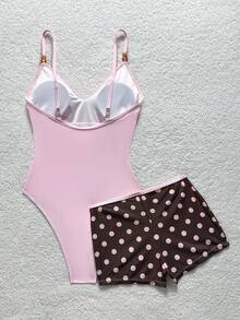 de baño de una pieza de unicolor para mujer con shorts estampados con lunares, conjunto de traje de baño para mujer, trajes de baño para mujer - Rosa - Ver 6