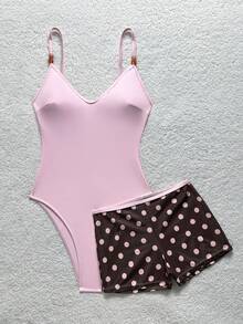 de baño de una pieza de unicolor para mujer con shorts estampados con lunares, conjunto de traje de baño para mujer, trajes de baño para mujer - Rosa - Ver 10