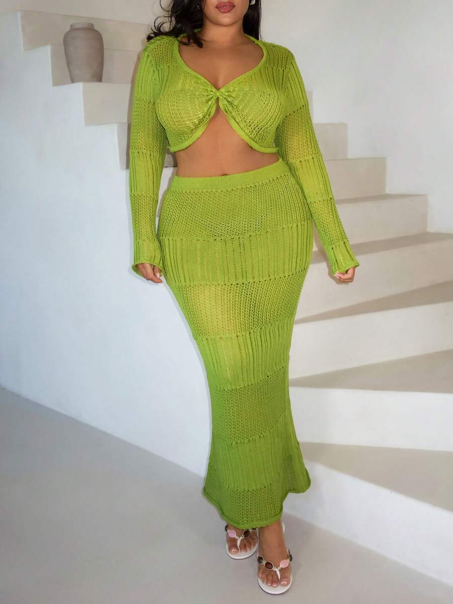 Veslaya Plus Size Women's Avocado Green Knit Set,Long Sleeve Twist Front Crop Top&High Waist Skirt For Sommar,Beach,Vacation,Holiday,Music Festival&Party