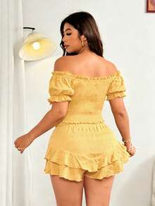 Vionelle Plus Size Sexy Off-Shoulder Going Out Top And Shorts Set, Bow Decor, Casual Beach Vacation Outfit - Light Yellow - View 6