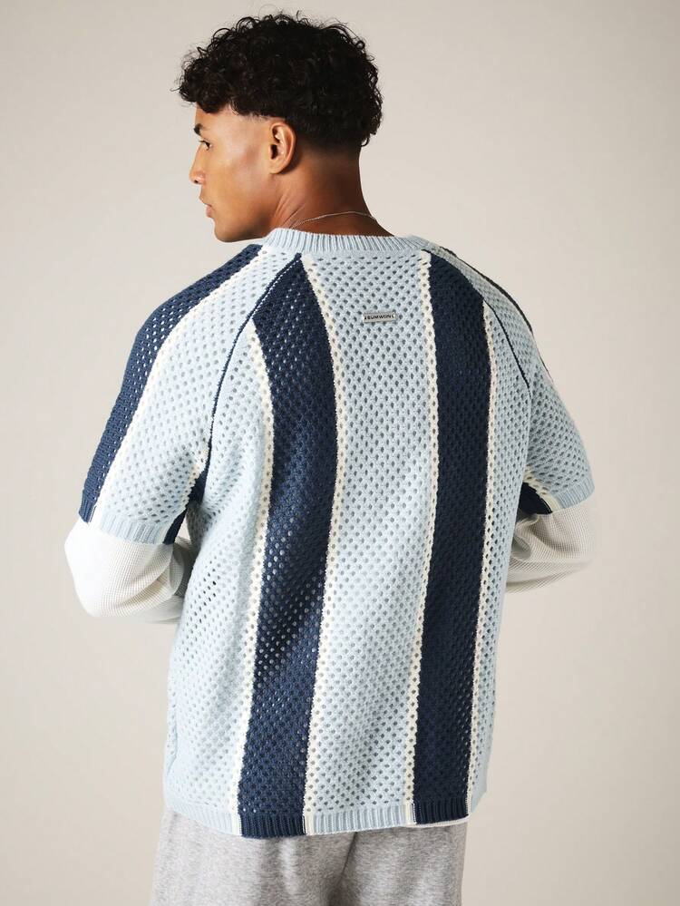 Maglione a maglia aperta con scollo a V, vestibilità squadrata, con design a blocchi di colore a righe verticali