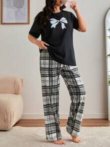 SHEIN Plus Cotton 3pcs/Set Women' S Plaid Print Pajamas &Shorts And Bow Patterned Detail Homewear Pajama Set - Black and White - View 11