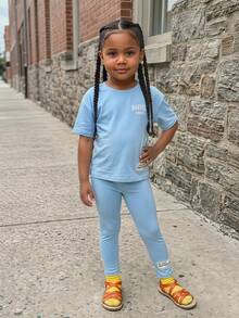 SHEIN 2pcs/Set Young Girl Solid Color Letter Print Loose Fit Round Neck T-Shirt And Pants Set - Multicolor - View 4