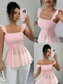 Elenzga Women's Pink Square Neck Ruffle Sleeve Peplum Tank Top, Textured Smocked Waist Sweet Crop Blouse - Pink - View 9
