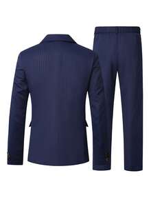 Manfinity Bizformal Men's Navy Jacquard Business Suit Set, Spring/Summer, Formal - Navy Blue - View 2