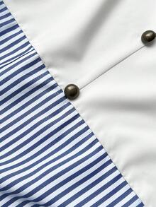 Maweii Striped Patchwork Short Sleeve Metal Button Robe, Loose V-Neck Vacation Plus Size Dress - Navy Blue - View 6